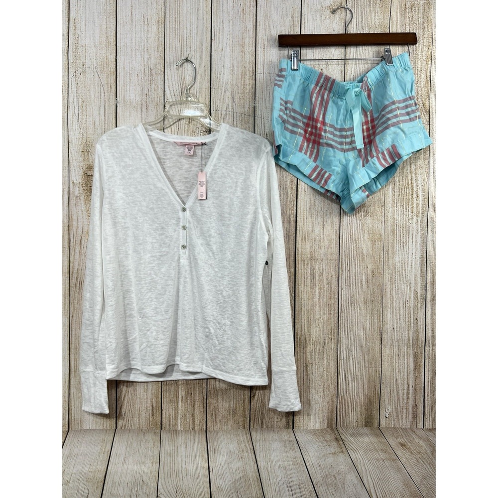 Victorias Secret 2pc Pajama Sz M White Henley Sleep Shirt Plaid Shorts Lounge - Picture 2 of 10